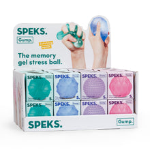 Load image into Gallery viewer, display of four colors of Speks Gump Memory Gell Stress Ball