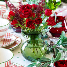 Load image into Gallery viewer, Vietri Hibiscus Glass Dark Green Bud Vase willed with roses on a holiday table