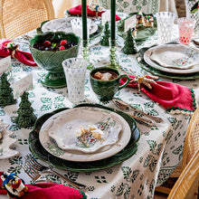 Load image into Gallery viewer, Holiday table with Juliska Iberian Border Evergreen Tablecloth