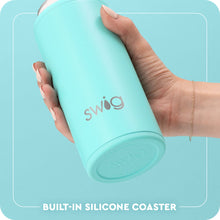 Load image into Gallery viewer, graphic with person holding a Skinny Can Cooler (12oz) with the text built-in silicone coaster