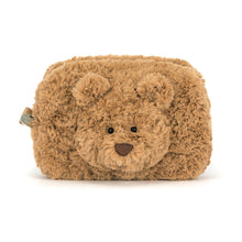 Load image into Gallery viewer, Jellycat Bartholomew Bear Pouch showing the bear face on the front of the fuzzy brown pouch