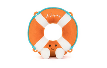 Load image into Gallery viewer, Plush toy shaped like a life preserver with a smiling face on a white background, featuring the Jellycat brand.