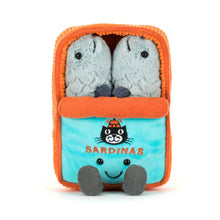 Load image into Gallery viewer, Front view of Jellycat Amuseables Sardine Tin with an orange tin with blue label with the Jelly cat logo and two grey sardines inside the tin