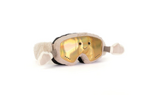 Load image into Gallery viewer, A plush toy designed to look like ski goggles, featuring a shiny gold iridescent lens with a smiling face, beige fabric trim, and soft beige faux-fur ears on a white background.