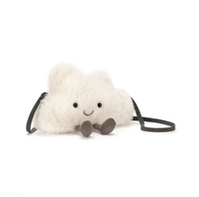 Load image into Gallery viewer, White plush cloud toy with a black strap on a white background