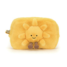 Load image into Gallery viewer, front view of the Jellycat Amuseables Sun Pouch with the sun with legs and a smiling face