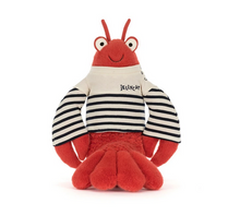 Load image into Gallery viewer, Red plush lobster toy with striped shirt on a white background, featuring the Jellycat brand.
