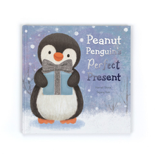 Load image into Gallery viewer, Cover of Jellycat Peanut Penguin's Perfect Present Book with a penguin holding a wrapped present