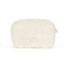 Load image into Gallery viewer, A cream-colored faux fur pouch with a small circular embossed logo on the front and a silver zipper pull on the right side, set against a plain white background.