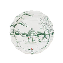 Load image into Gallery viewer, white plate with winter scene of people building a snowman in front of a glass greenhouse