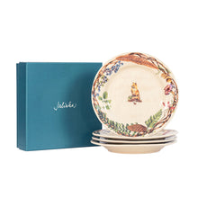 Load image into Gallery viewer, Juliska Forest Walk Dessert/Salad Plate Assorted S/4 next to a gift box