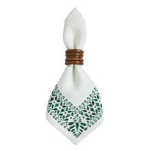 Load image into Gallery viewer, white napkins with green floral border in a wood napkin ring