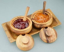 Load image into Gallery viewer, Pacific Merchants Acacia Wood Condiment Set, Tray, two bowls filled with jam, two lids, two spoons