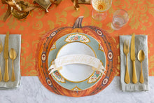 Load image into Gallery viewer, Hester & Cook Die-cut Antique Pumpkin Placemat - 12 Sheets set with a sage green and gold place setting