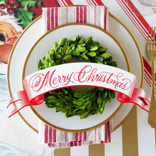 Load image into Gallery viewer, banner with the red script text Merry Christmas on a gold and white place setting