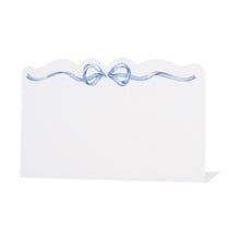 Load image into Gallery viewer, white place card with printed blue bow with long ribbons across the top