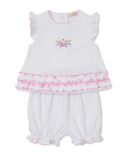 Load image into Gallery viewer, Kissy Kissy Pastel Gardens Sunsuit Hand Embroidered ruffles at sleeves and hems are lined with thin pink border and front of the top if embroidered with a floral motif