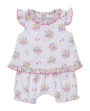 Load image into Gallery viewer, Kissy Kissy Pastel Gardens Sunsuit Pink, white Pima cotton printed with colorful bouquets of pink, blue yellow and green flowers