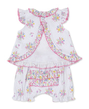 Load image into Gallery viewer, Kissy Kissy Pastel Gardens Sunsuit Pink showing open back of the shirt and ruffled on the back of the shorts