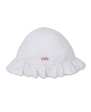 Load image into Gallery viewer, White had with a small embroidered pink flowers motif and a floppy ruffled rim trimmed with a thin pink border