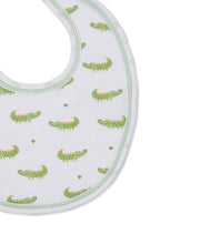 Load image into Gallery viewer, Close up of Kissy Kissy Crocodile Camp Bib with green gators