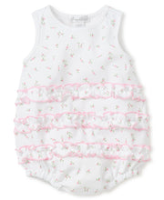 Load image into Gallery viewer, White sleeveless onesie with pink flower print and ruffles