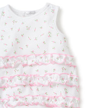 Load image into Gallery viewer, Close up of ruffles on the White sleeveless onesie with pink flower print and ruffles