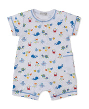 Load image into Gallery viewer, Kissy Kissy Ocean Antics Short Playsuit printed with whales fish crabs octopus turtles