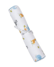 Load image into Gallery viewer, rolled up white burp cloth printed with elephants zebras and giraffes and tied with a kissy kissy ribbon