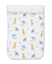Load image into Gallery viewer, white burp cloth printed with elephants zebras and giraffes