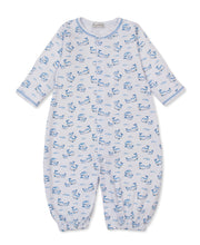 Load image into Gallery viewer, white Convertible gown printed with blue whales and with snaps forming pant legs