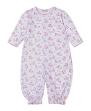 Load image into Gallery viewer, white Convertible gown printed with pink whales and with snaps forming pant legs