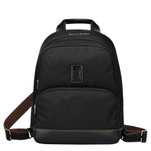 Load image into Gallery viewer, Longchamp Boxford Backpack in Black Canvas with black leather and brown stitching accents