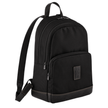 Load image into Gallery viewer, The Longchamp Boxford Backpack in Black Canvas side view showing zippers and back leather