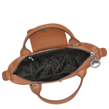 Load image into Gallery viewer, Longchamp Le Pliage Xtra Top Handle Handbag - X-Small in the color Cashew open showing black interior