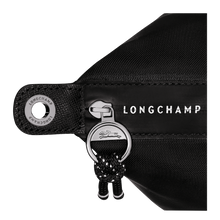 Load image into Gallery viewer, close up of silver zipper pull with longchamp logo