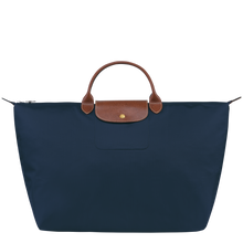 Load image into Gallery viewer, Longchamp Le Pliage Original Large Luggage Travel Bag - navy with leather handle and center flap