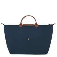 Load image into Gallery viewer, Longchamp Le Pliage Original Large Luggage Travel Bag in navy - back view showing center snap used when bag is folded