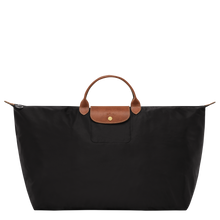 Load image into Gallery viewer, Longchamp Le Pliage Original X-Large Travel Bag in black with brown leather trimming and center handles
