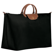 Load image into Gallery viewer, Longchamp Le Pliage Original X-Large Travel Bag in black with brown leather trimming and center handles side view to show dimensions