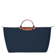 Load image into Gallery viewer, Longchamp Le Pliage Original X-Large Travel Bag in navy with brown leather trimming and center handles