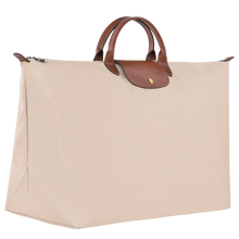 Load image into Gallery viewer, Longchamp Le Pliage Original X-Large Travel Bag in paper with brown leather trimming and center handles side view to show dimensions