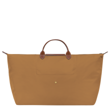 Load image into Gallery viewer, Longchamp Le Pliage Original X-Large Travel Bag in fawn with brown leather trimming and center handles back view showing snap used to fold the bag
