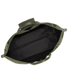 Load image into Gallery viewer, Longchamp Le Pliage Green/Recycled X-Large Canvas Travel Bag in the color Forest with green leather showing the inside black interior