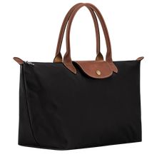 Load image into Gallery viewer, Longchamp Le Pliage Original L Top Handle Bag in black with brown leather handles and flap side view to show the width