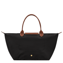 Load image into Gallery viewer, Longchamp Le Pliage Original L Top Handle Bag in pink with brown leather handles and flap back view to show the snap