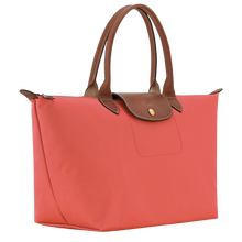 Load image into Gallery viewer, Longchamp Le Pliage Original L Top Handle Bag in pink with brown leather handles and flap side view to show the width