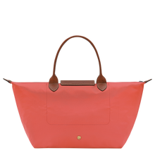 Load image into Gallery viewer, Longchamp Le Pliage Original L Top Handle Bag in pink with brown leather handles and flap back view to show the snap