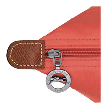 Load image into Gallery viewer, close up of silver color zipper pull with Longchamp logo