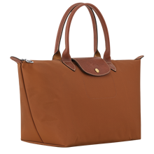 Load image into Gallery viewer, Longchamp Le Pliage Original L Top Handle Bag with brown leather handles and flap side view to show the width